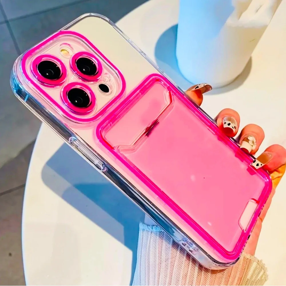 New - Cute Candy Color - Pink - Jelly Clear Card Slot Case for iPhone 15 Plus